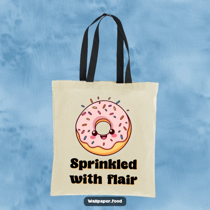 Funny tote bag showcasing a cheerful donut character with a halo made of vibrant, colorful sprinkles.