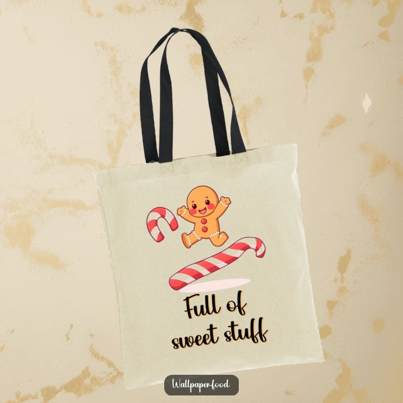 Funny joyful gingerbread man leaping over candy cane stripes on a durable tote bag, a festive and fun accessory.