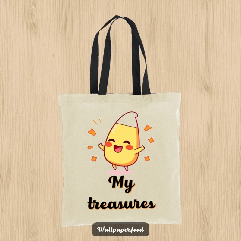 Funny tote bag featuring a delighted candy corn character laughing while bouncing off cheerful, bubbly patterns.