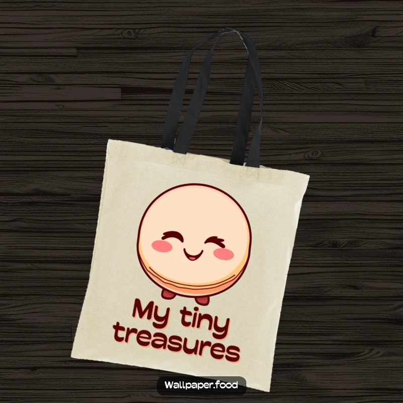 Funny tote bag showcasing a smiling macaron character giving a wink, perfect for carrying items with a sweet and humorous twist.