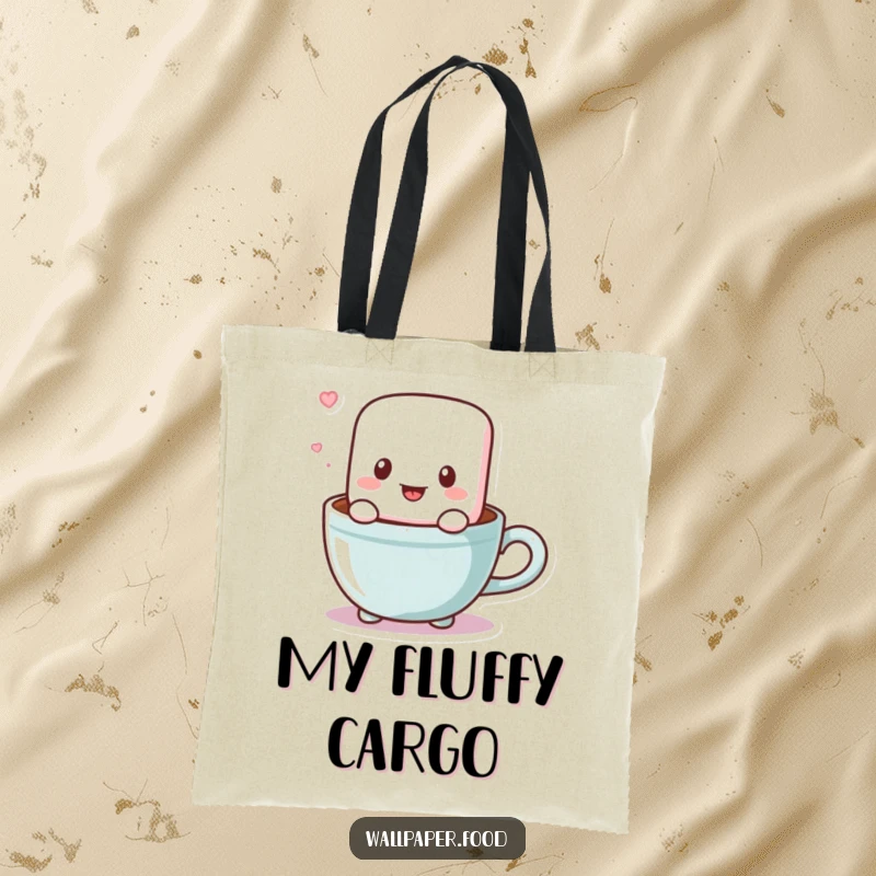 Funny tote bag showcasing a joyful marshmallow character bouncing spiritedly within a cocoa cup, perfect for carrying essentials with humor.