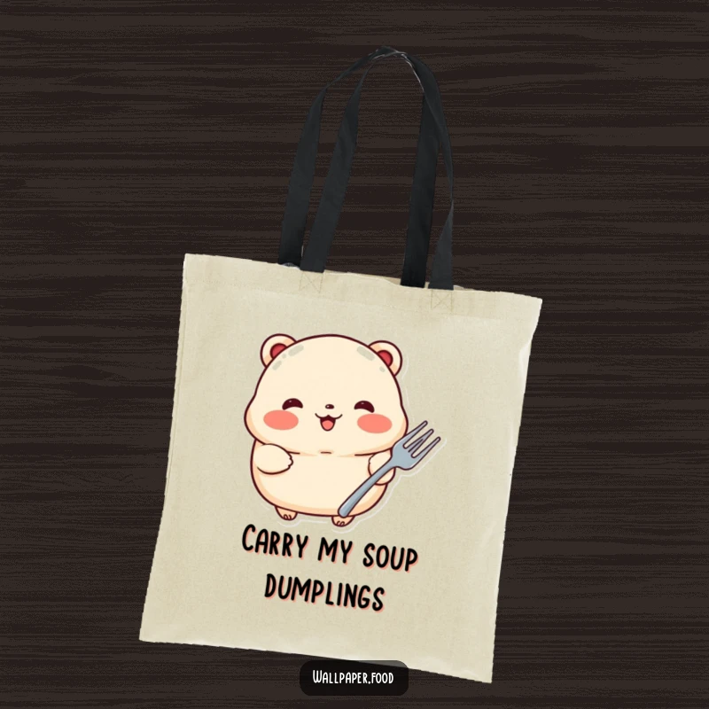Funny tote bag illustrating a proud dumpling with rosy cheeks and a tiny fork, perfect for carrying essentials with foodie flair.