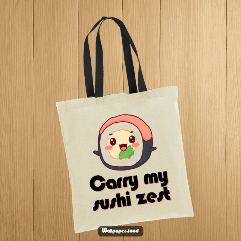 Funny tote bag featuring a delighted sushi roll with beady eyes happily bouncing, perfect for carrying essentials with Japanese flair. A funny gift.