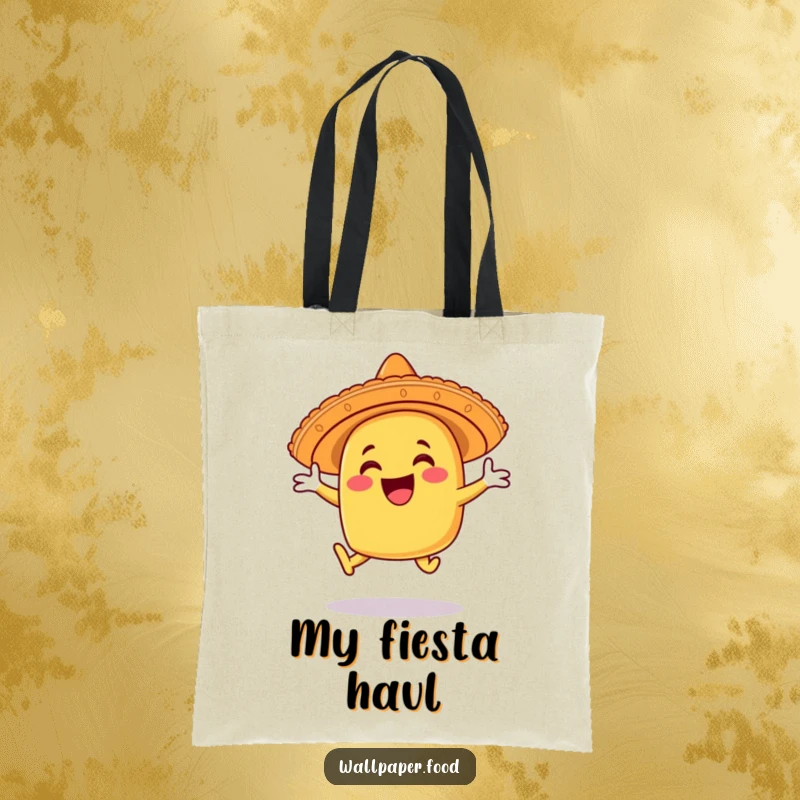 Funny taco tote bag character wearing a sombrero and leaping joyfully, ready for any adventure. A festive and practical accessory.