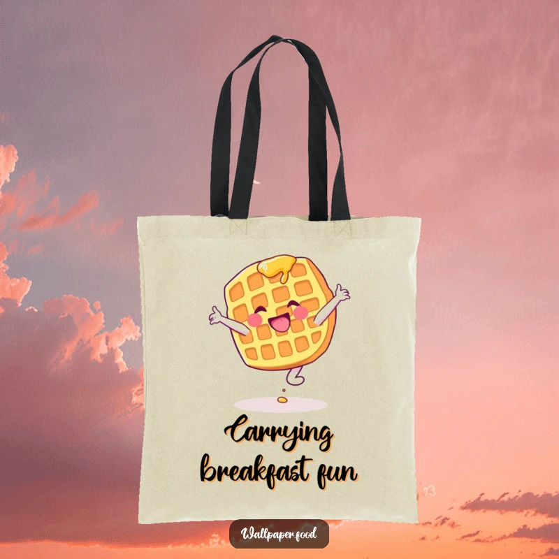 Funny tote bag featuring a waffle character gleefully attempting a cartwheel with syrup dripping, perfect for grocery runs.