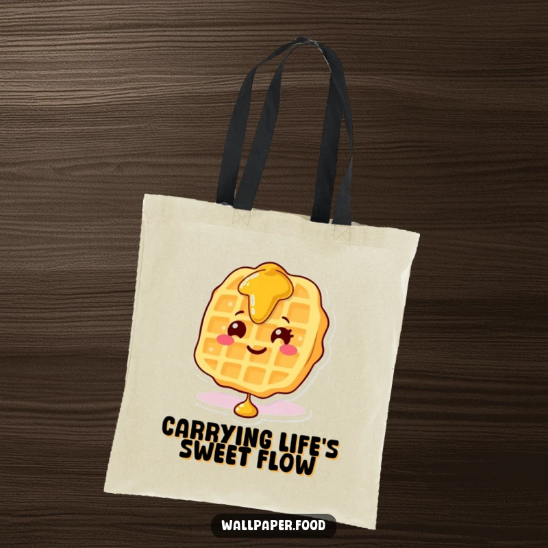 Funny tote bag featuring a smiling waffle character with syrup cascading down, a whimsical and practical accessory.