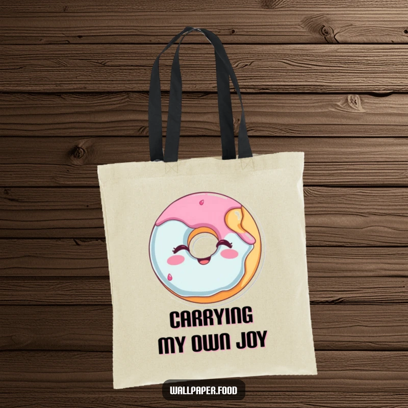 Funny donut tote bag featuring a happy character winking and missing a bite, perfect for a cheerful shopper.