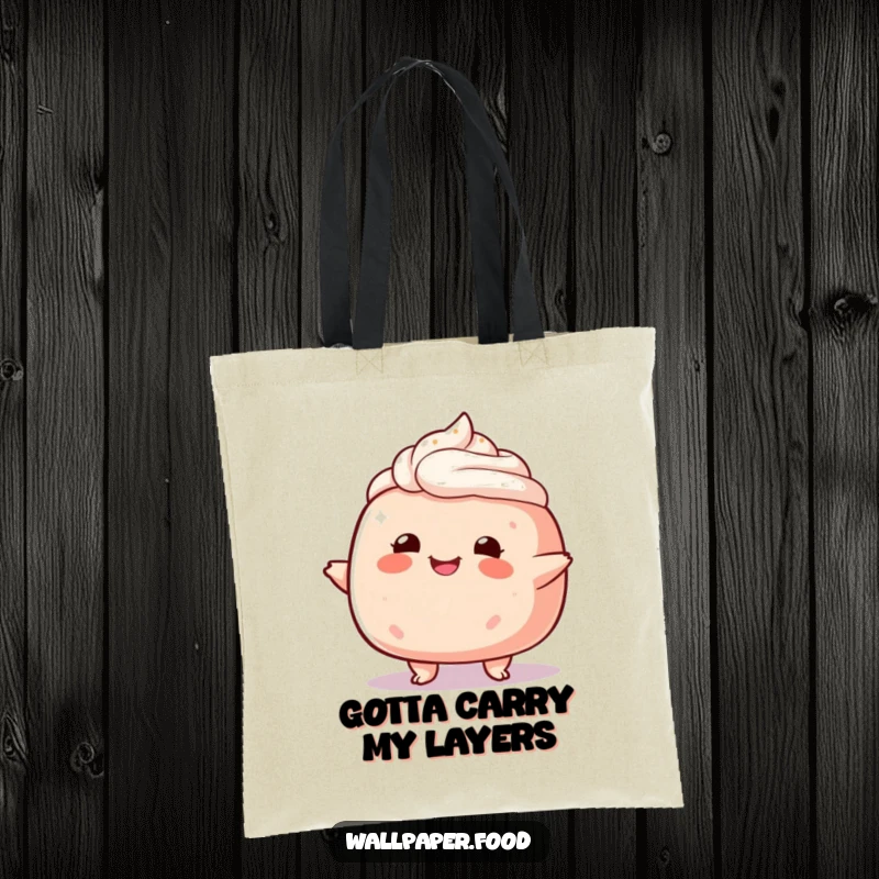 Funny plump cake character tote bag, happily wobbling, perfect for carrying your day’s sweet essentials.
