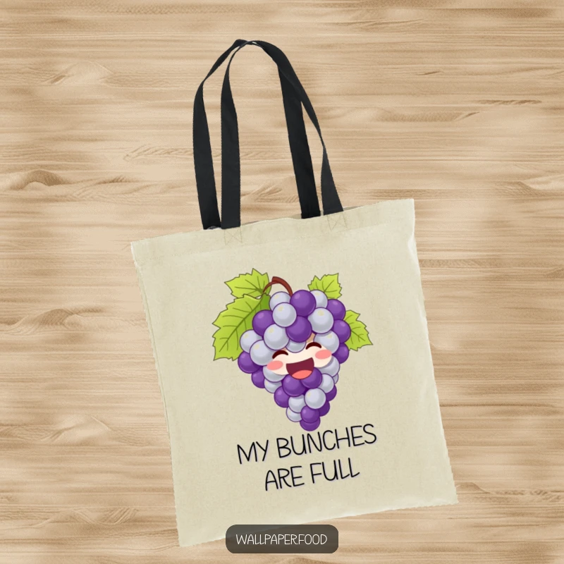 Funny grapes tote bag featuring a giggling bunch of grapes bursting with joy, ready for errands.