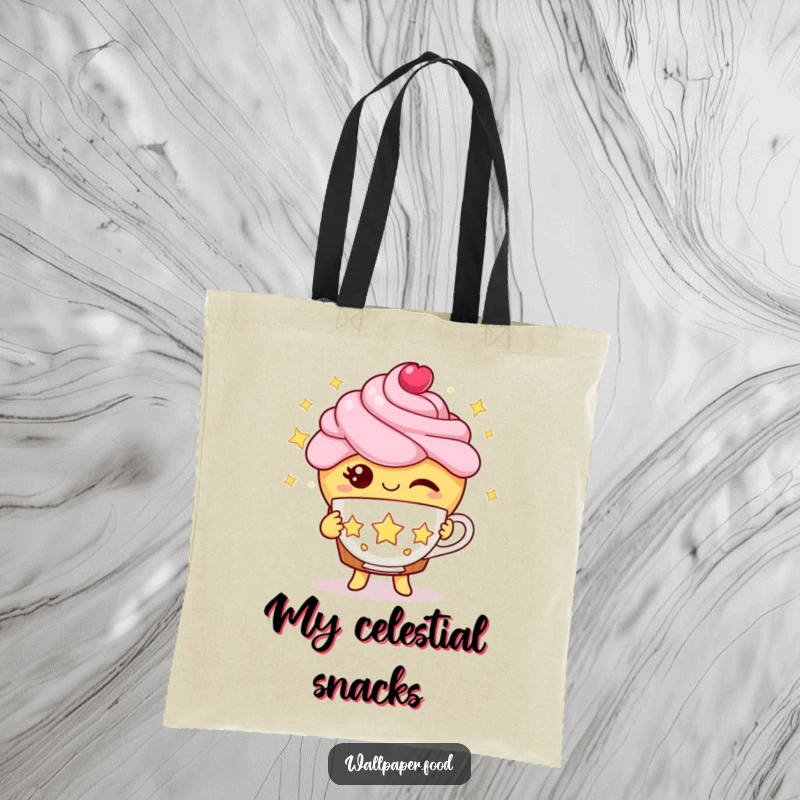 Funny cupcake tote bag with a winking cupcake character offering a teacup made of stars, perfect for carrying magical items.