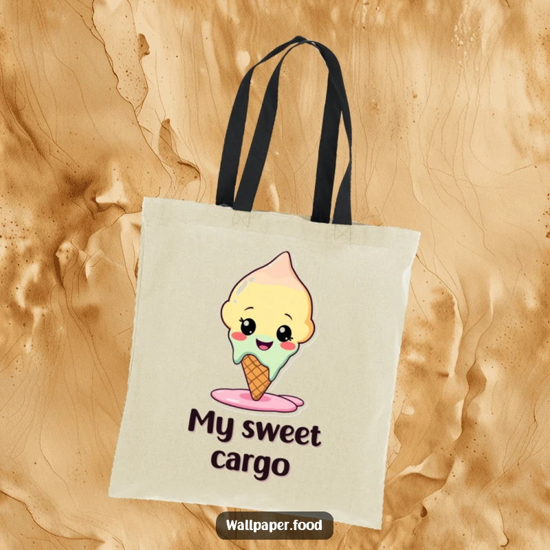 Funny tote bag showcasing a content ice cream cone character melting slightly, perfect for carrying items with a sweet and humorous twist.