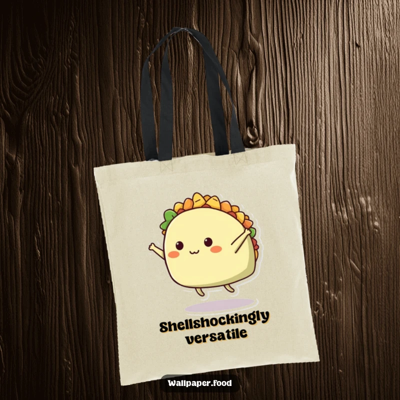 Funny tote bag with a cheerful taco character performing a high-energy mid-air split, perfect for carrying daily items with humor.