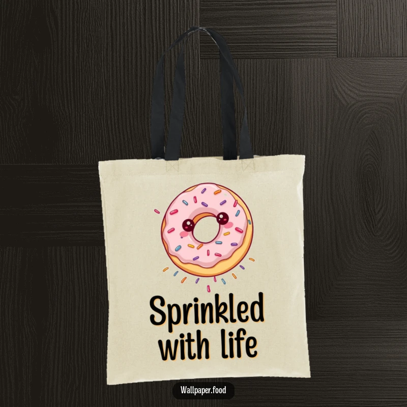 Funny tote bag featuring a spinning donut happily showering sprinkles, perfect for carrying essentials with sweetness.
