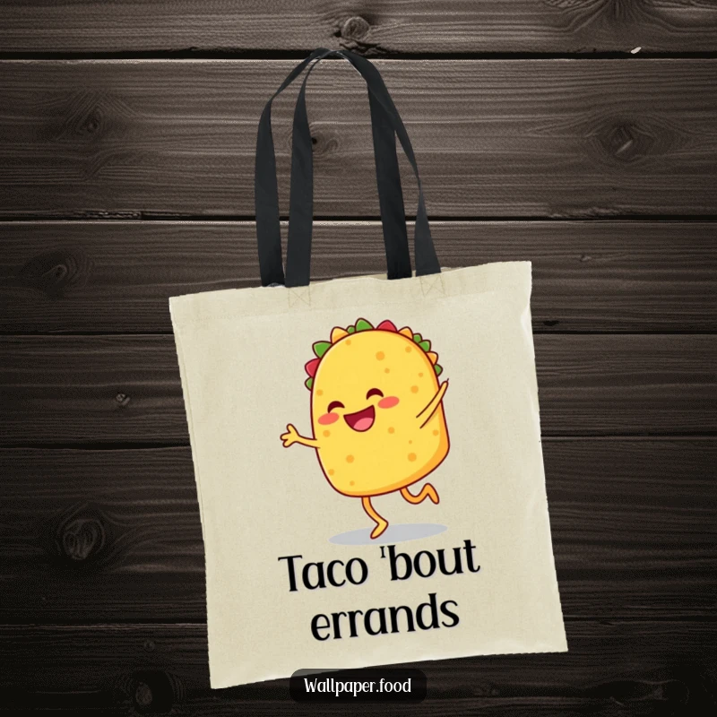 Funny tote bag featuring a smiling taco with legs performing a jig, perfect for carrying essentials with fiesta flair. A funny gift.